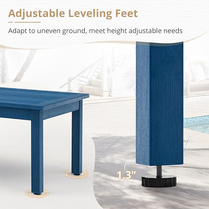 LUE BONA Outdoor Coffee Table, HDPS Patio Coffee Tables for Outside Rectangle, Adjustable Levelling Feet/Weather Resistant, Patio Table for Deck, Pool, Balcony, Indoor or Outdoor Use, Navy Blue