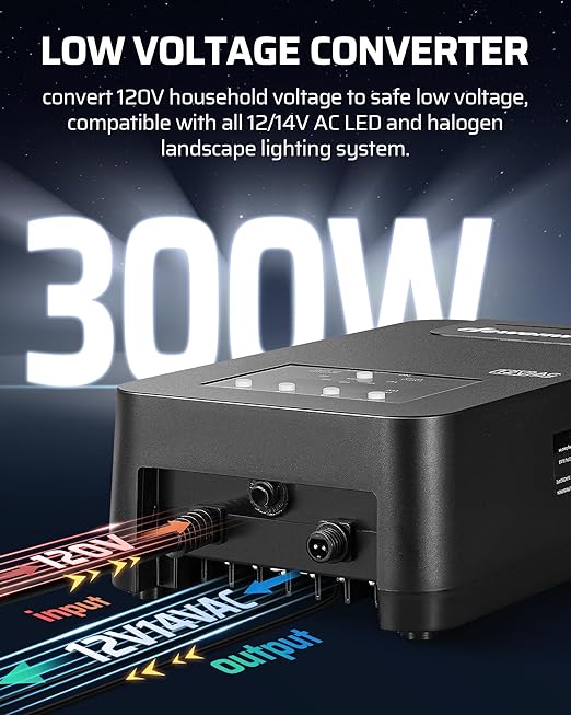 DEWENWILS 300W Low Voltage Landscape Transformer,120V AC to 12V/14V AC Low Voltage Transformer, Weatherproof Outdoor Landscape Lighting Transformer for Garden Lights, Spotlights, Steplights