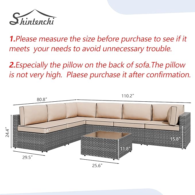 Shintenchi 7 Pieces Outdoor Patio Sectional Sofa Couch, Silver Gray PE Wicker Furniture Conversation Sets with Washable Cushions & Glass Coffee Table for Garden, Poolside, Backyard (Khaki)