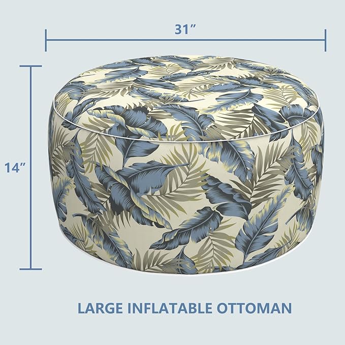 LVTXIII Outdoor Inflatable Ottoman, Fade-Resistant Round Footrest Stool D31”x H14”, Portable Patio Pouf for Garden Camping or Home Use, ‌Lush Palm Blue