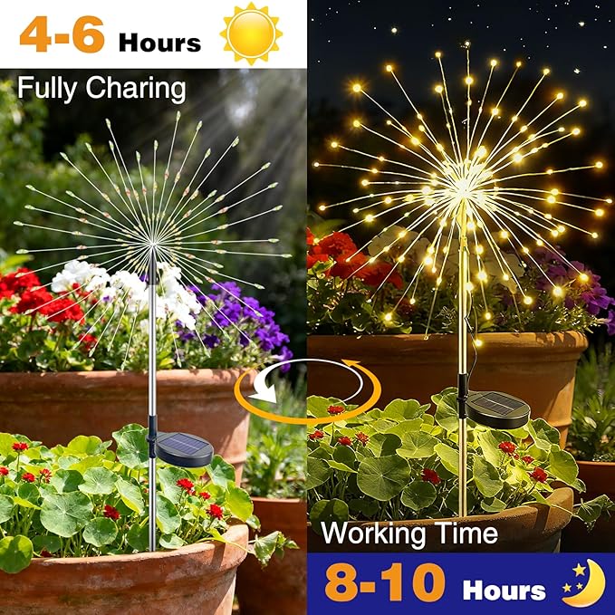 btfarm 1 Pack Solar Garden Lights Outdoor, 8 Modes Firework Lights Solar Powered, Waterproof Twinkle Fairy Light Outside for Yard Patio Pathway Pool Christmas Party Decorative, Warm White