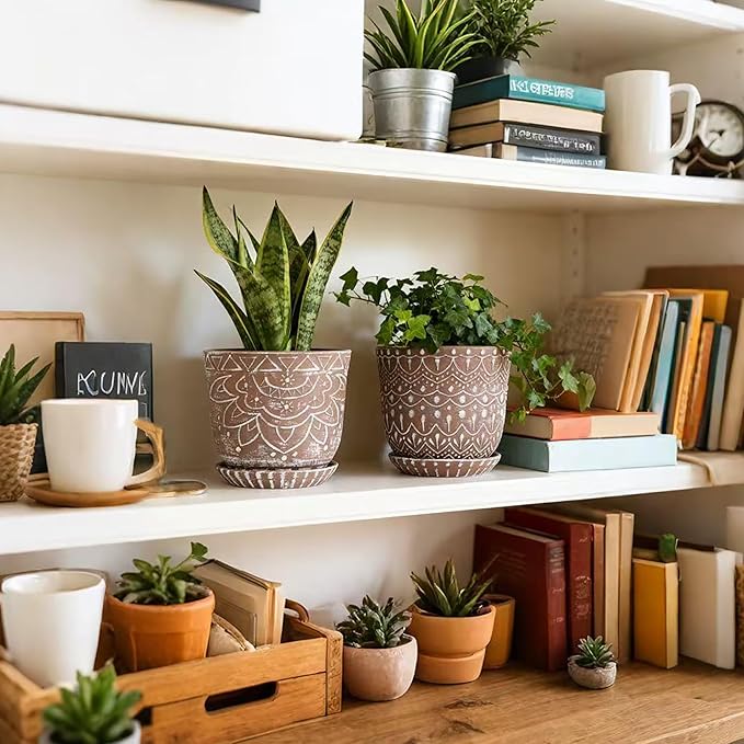 Gepege Ceramic Planter, 6 Inch Plant Pot with Drainage Holes and Saucers for Indoor Plants, Birthday for Women Mom