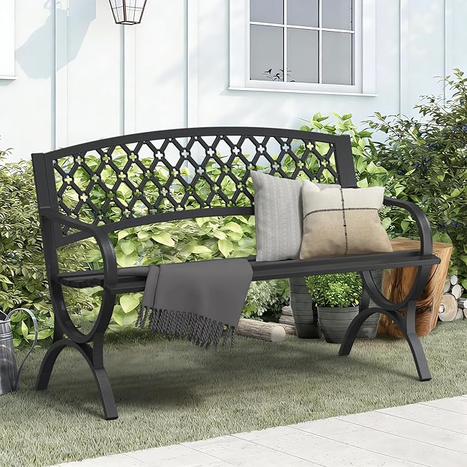 On Shine 50'' Patio Garden Bench, Loveseats Patio Park Bench,Black Steel Cast Iron Frame Bench,Metal Bench Outdoor for Porch Yard Lawn Deck (Grid)