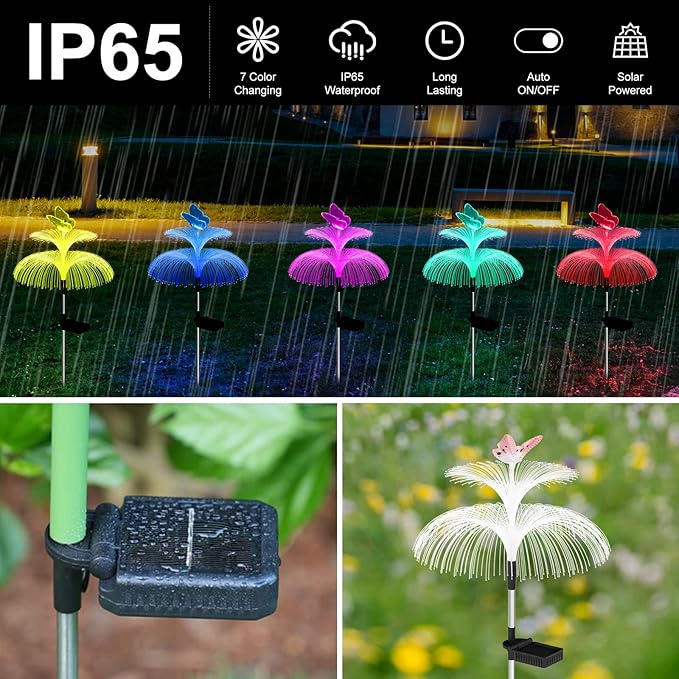 Solar Garden Lights Waterproof 3 Pack Solar Lights Outdoor Decorative 7 Color Changing Double Jellyfish and Butterfly Flower Garden Decor Yard Christmas Pool Outdoor, Gifts for Mother's Women