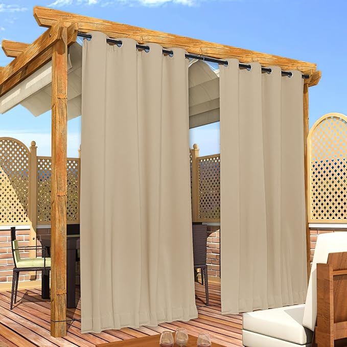NICETOWN 2 Panels Biscotti Beige Privacy Outdoor Curtains for Patio, Waterproof Thermal Insulated Grommet & Back Tab on Top and Bottom Windproof Drapes with Fixed Rope for Porch, W52 x L120