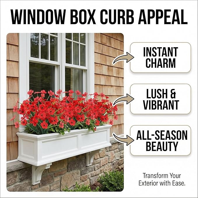 MACTING 24 Bundles Artificial Flowers for Outdoors UV Resistant Fake Flowers Faux Plastic Plants No Fade for Planters Window Patio Porch Home Garden Indoor Outside Spring Decorations,Red