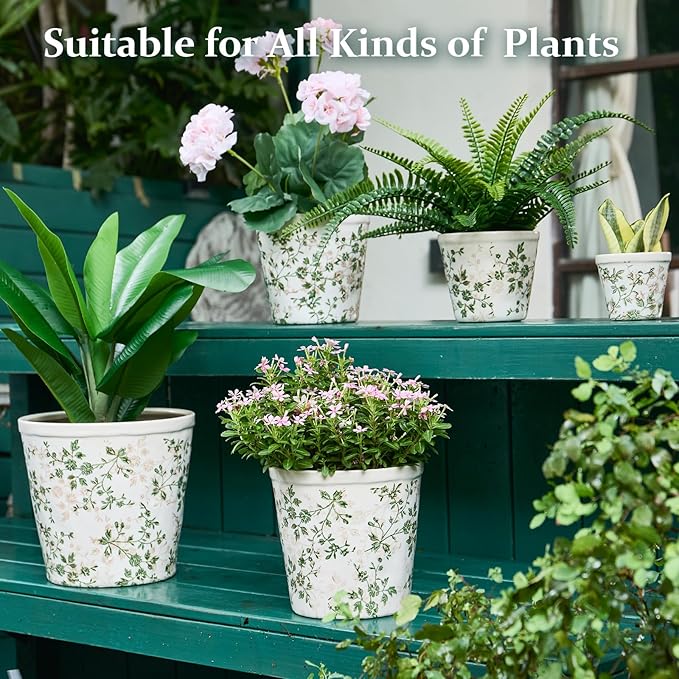Ceramic Planter with Drainage Hole, Plastic Tray & Mesh, 6.7 Inch - Indoor/Outdoor Flower Pot for Orchids, Succulents, Green Floral Modern Farmhouse Décor for Home,Office and Garden, Ideal Gift