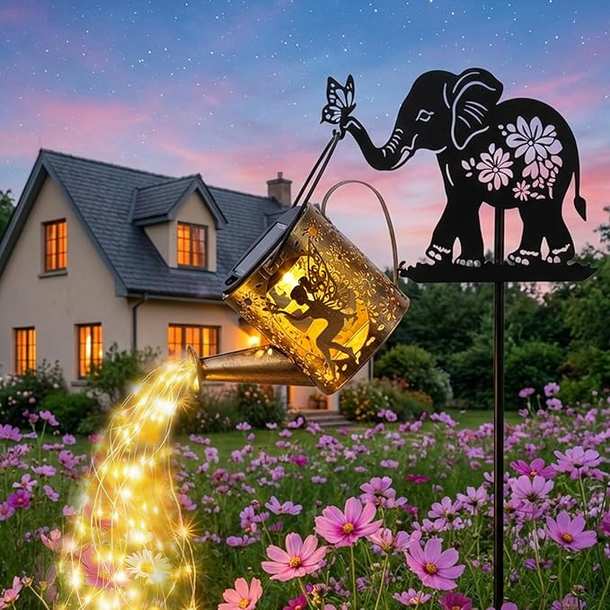 Solar Watering Can Lights Outdoor Decor with Elephant Stake & Fairy Silhouettes, Cascading String Lights for Garden, Patio, Yard - Waterproof Solar Powered Gift for Mom, Housewarming, Birthday