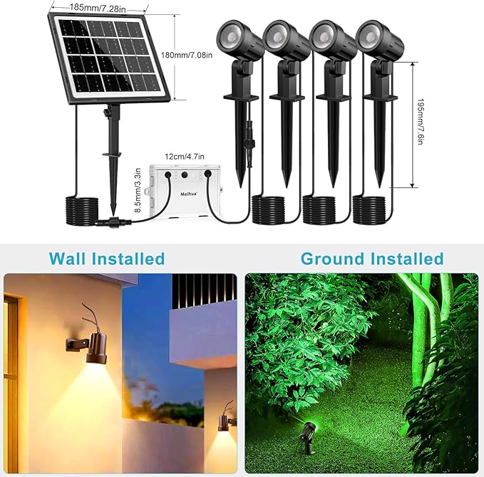 MEIHUA Solar Spot Lights Outdoor Color Changing, 4 in 1 Landscape Lighting RGB Spotlights with Remote Control, IP66 Waterproof Solar Lights Outdoor Garden for Pathway Yard Pool Tree