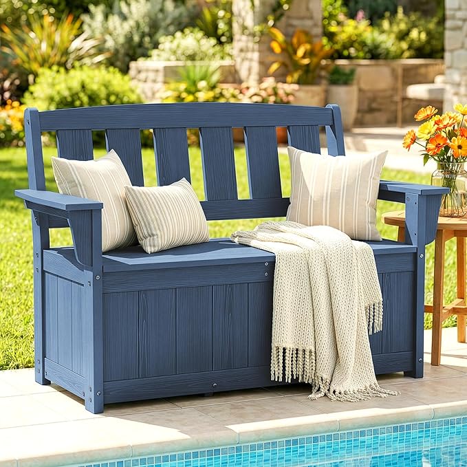 SERWALL HDPE Outdoor Storage Bench, All-Weather, UV-Resistant Deck Box with Waterproof Storage Bags, 57 Gallon Dual-Use Seat & Organizer Deck Boxes for Patio, Garden Tools & Pool (Navy Blue)
