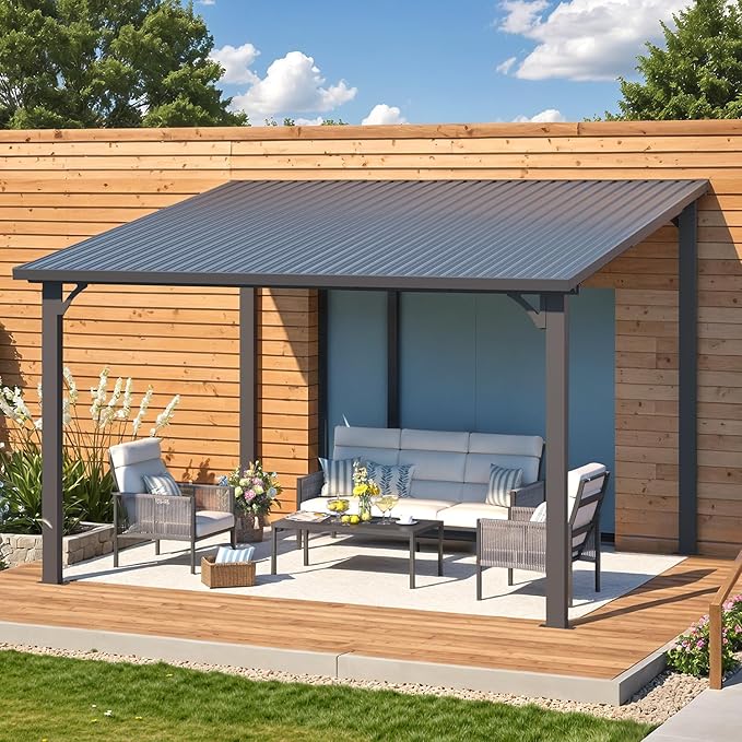 AECOJOY 12' x 10' Outdoor Hardtop Pergola Gazebo for Patio, Large 10x12 Galvanized Steel Heavy Duty Lean to Gazebo, Wall-Mounted Pergolas and Gazebos Clearance, Metal Patio Roof Awnings for Backyard
