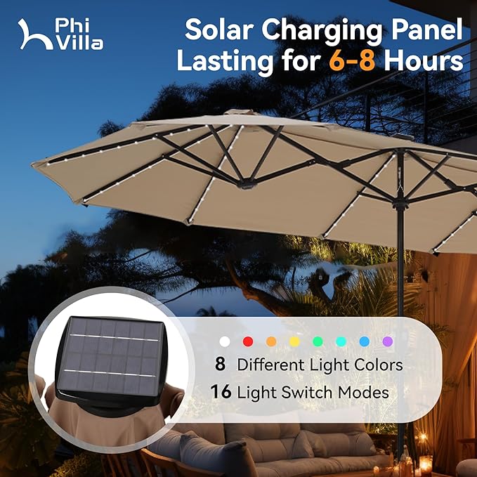 PHI VILLA 13ft Patio Umbrella with Solar-Powered 120 PCS LED Color-Changing Lights, Triple-Head Large Rectangle Umbrella Outdoor Patio for Table with Crank Lift,Beige(No Base)