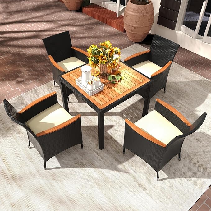 Tangkula 5 Pieces Rattan Outdoor Dining Set for 4, Outdoor Acacia Wood Table Set with 4 Cushioned Wicker Chairs, Umbrella Hole, Patio Dining Furniture Set for Deck Pool Backyard