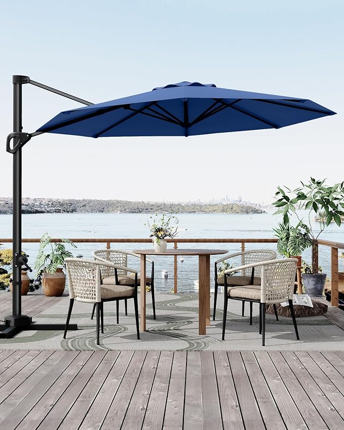 GarveeLife 10FT Patio Umbrella Outdoor Large Cantilever Umbrella Market Sun Shade Windproof Offset Umbrella with 360-Degree Rotation for Garden Deck Pool Patio, Navy Blue