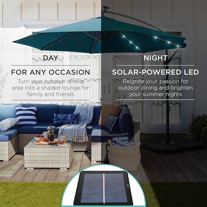 Best Choice Products 10ft Solar LED Offset Cantilever Hanging Market Patio Umbrella, 8 Sturdy Ribs, Easy Adjustment - Cerulean