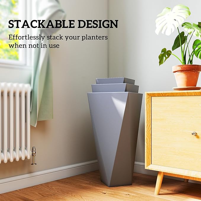 Outsunny Set of 3 Tall Planters, 28.75", 24.5", 20.5", MgO Indoor Outdoor Planters with Drainage Holes, Stackable Flower Pots for Garden, Patio, Balcony, Front Door, Gray