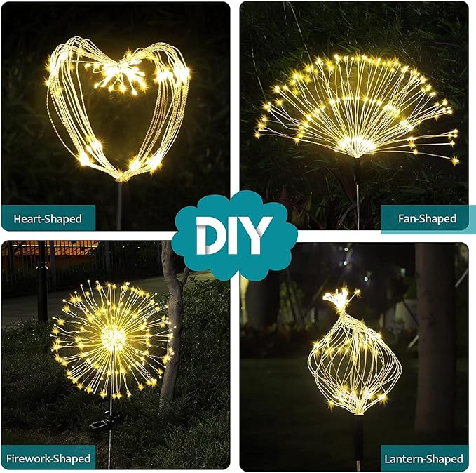 JJGoo Solar Firework Lights, 2 Pack 150 LEDs 2 Lighting Modes Solar Lights Outdoor Waterproof for Garden Patio Walkway Pathway Party Wedding Christmas Decorative - Warm White