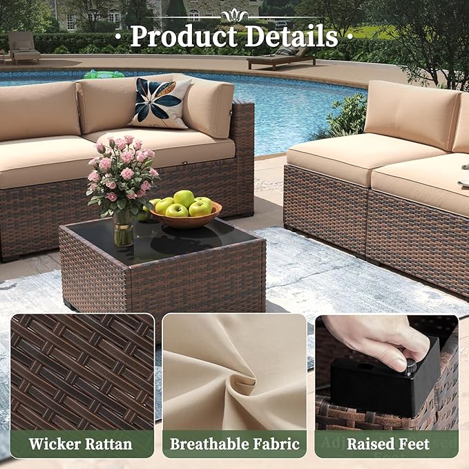 Aoxun 12 Piece Patio Furniture Set with 44” Fire Pit Table Wicker Rattan Outdoor Sectional Sofa Set with Coffee Table and Thickened Cushions, Beige (Waterproof Cover Included)
