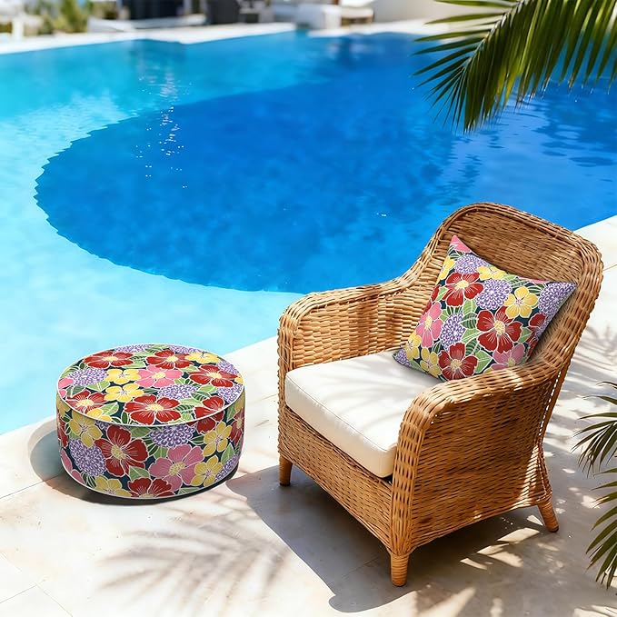 LVTXIII Inflatable Stool Ottoman Footrest with Handle, Decorative Fade-Resistant Foot Stool, Indoor or Outdoor Pouf for Home Garden and Camping Use, D21 x W 21 x H9, Flower Bloom