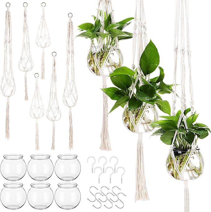 12 Pcs Plastic Plant Propagation with Boho Macrame Hanger Wall Plant Propagation Station Hanging Holder Include Hooks Kit for Indoor Home Garden Office Decor 3 Size (White)