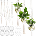 12 Pcs Plastic Plant Propagation with Boho Macrame Hanger Wall Plant Propagation Station Hanging Holder Include Hooks Kit for Indoor Home Garden Office Decor 3 Size (White)