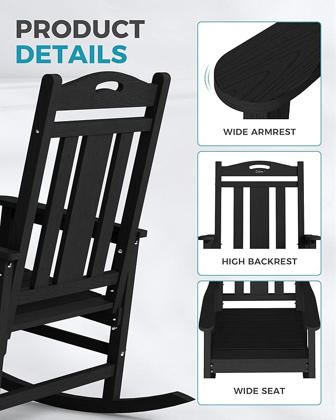 Ciokea Oversized Outdoor Rocking Chair, 380lbs Heavy-Duty Large Patio Rocker, Weather Resistant & Anti-Fade Porch Chair, High Back Cozy Rocking Chair for Outside, Fire Pit, Deck, Garden, Black