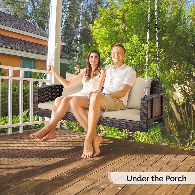 VINGLI Heavy Duty 800 LBS Wicker Hanging Porch Swing with Cushions & Chains, 5FT Outdoor Rattan Swing Bench for Garden, Yard, Lawn (Brown)