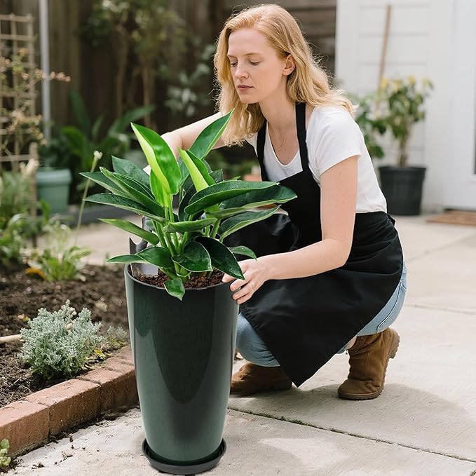 24/21/12 Inch Large Plastic Planter, Lightweight Ceramic-Look Tall Planters with Drain Hole & Saucers, Tall Plastic Planters for Porch, Garden, Patio, Balcony(Dark Green)