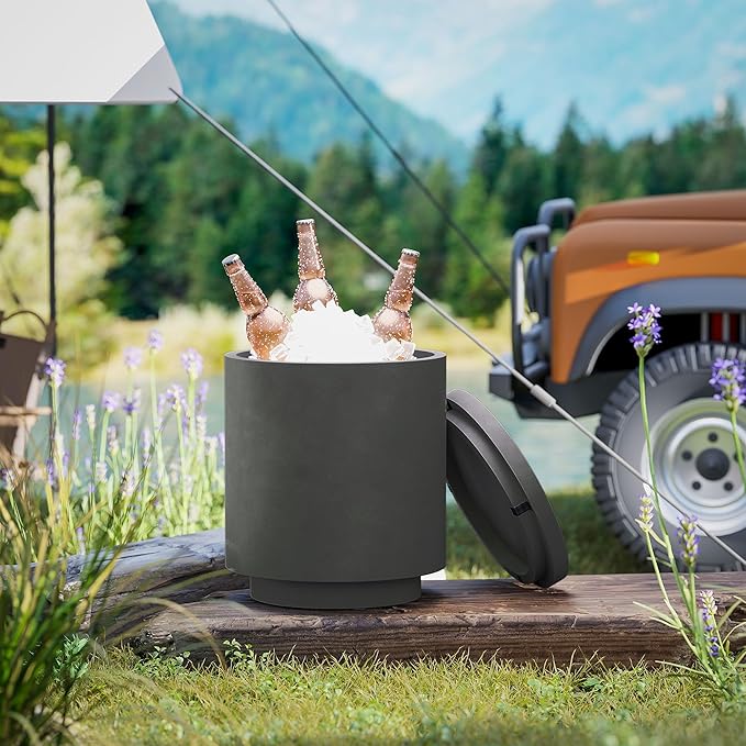 HOMCOM 2.6 Gal Outdoor Cooler Side Table, 3-in-1 Cool Coffee Table with Storage, Removable Ice Bucket and Lid, Concrete Small Patio Table for Party, Poolside, Deck, Charcoal Gray
