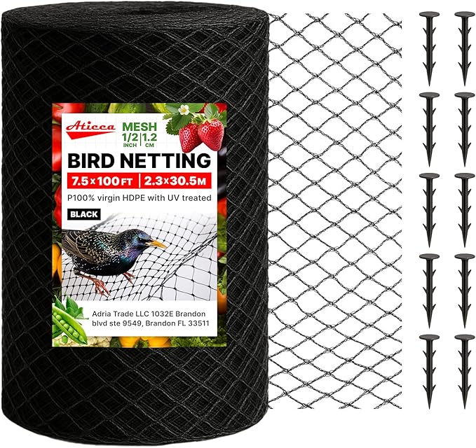 Heavy Duty Bird Netting for Garden Protection & Fruit Trees, 7.5x100 Ft with 10 Stakes – Black Anti-Bird Net for Poultry, Deer, & Squirrel Protection, Durable Nylon Mesh for Garden and Yard Use