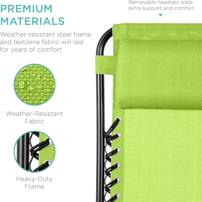 Best Choice Products Set of 2 Adjustable Steel Mesh Zero Gravity Lounge Chair Recliners w/Pillows and Cup Holder Trays - Lime Green