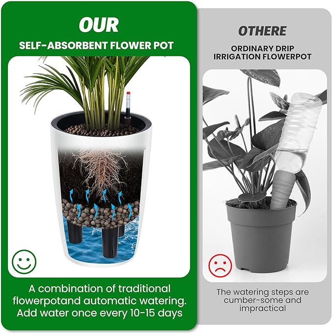 16 in Tall Planters Set of 2, Plant Pots, Self Watering Pots for Indoor Plants, Flower Pots with Built-in Drainage and Visual Water Level Design, for Patio, Porch, Living Room, or Home Office, White