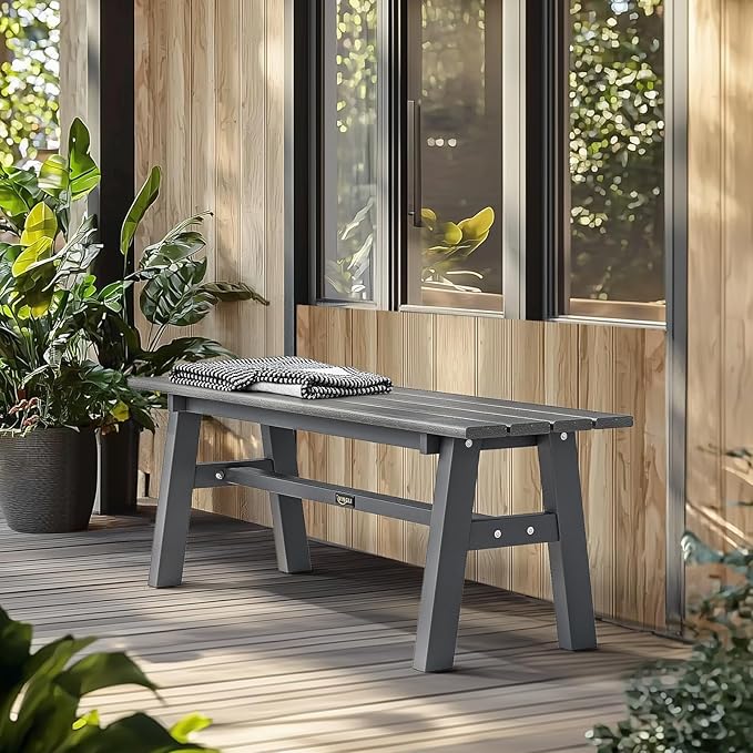 VINGLI 47” Outdoor Bench Garden Bench HDPE Porch Bench w/Metal Legs, Poly Lumber Patio Bench, 660 LBS Capacity Outdoor Backless Bench(Grey)