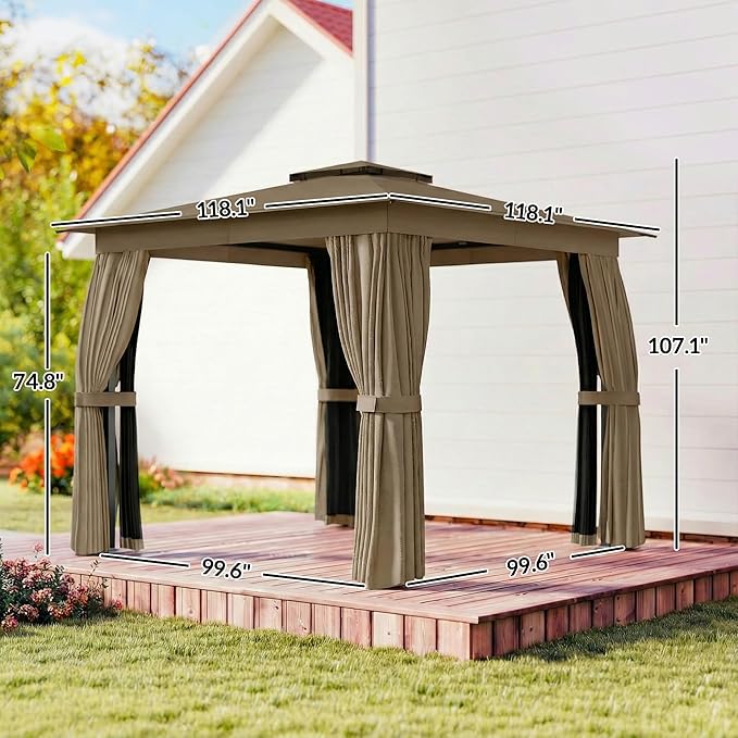 Outsunny 10' x 10' Outdoor Patio Gazebo, Heavy Duty Gazebo Canopy Shelter with Double Roof, Curtains, Netting, Steel Frame, UPF30+ Protection, Ceiling Hook for Lawn, Backyard, Deck, Khaki