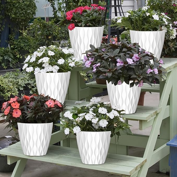 6 Pack 7 Inch Indoor Plant Pots with Drainage Holes, Outdoor Plastic Decorative Flower Pots, Garden Planters with Tray Saucers for Orchids, Violets, Succulents, Herbs, and Other Plants