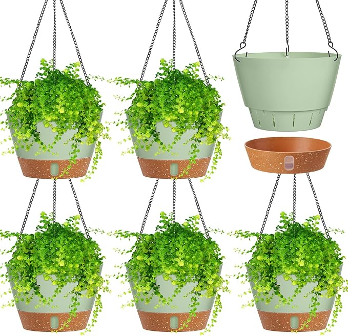 Amyhill 6 Pcs 8 Inch Hanging Planter for Indoor Plants Self Watering Hanging Pot Baskets with Drainage Hole Visible Water Level Tray with Hooks for Garden Outdoor(Green)