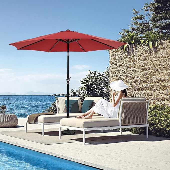 OLIXIS 9ft Patio Umbrella with Tilt and Crank Button & 8 Sturdy Ribs Waterproof, Patio Table Umbrella Perfect for Poolside, Terrace, Beach and Outdoor Restaurant, Red