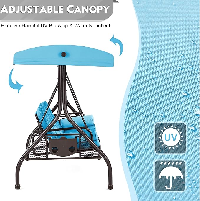HOMREST 3 Seat Outdoor Porch Swing with Adjustable Canopy, Convertible Patio Swing Bed with Stand, Patio Glider Swing with Upgraded Cup Holder, Thicken Cushions ＆ Pillow for Backyard（Sky Blue）