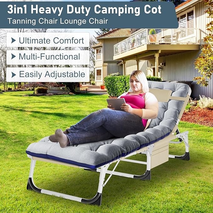 ABORON Sun Tanning Chair, 3 in 1 5 Positions Adjustable Heavy Duty Folding Chaise Lounge Chairs, Oversized with Mat/Pillow/Face Arm Hole, for Beach Pool Lawn Yard Patio