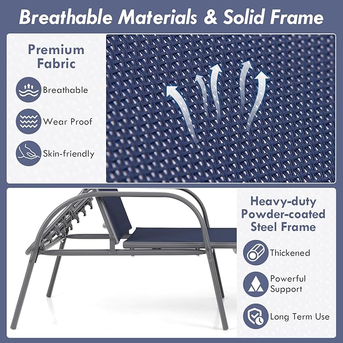 Giantex Patio Lounge Chair, Outdoor Chaise Lounge with 5 Adjustable Backrest, Sturdy Steel Frame, Sunbathing Recliner, Tanning Chair for Beach, Outside, Yard, Balcony, Pool Chairs, Navy