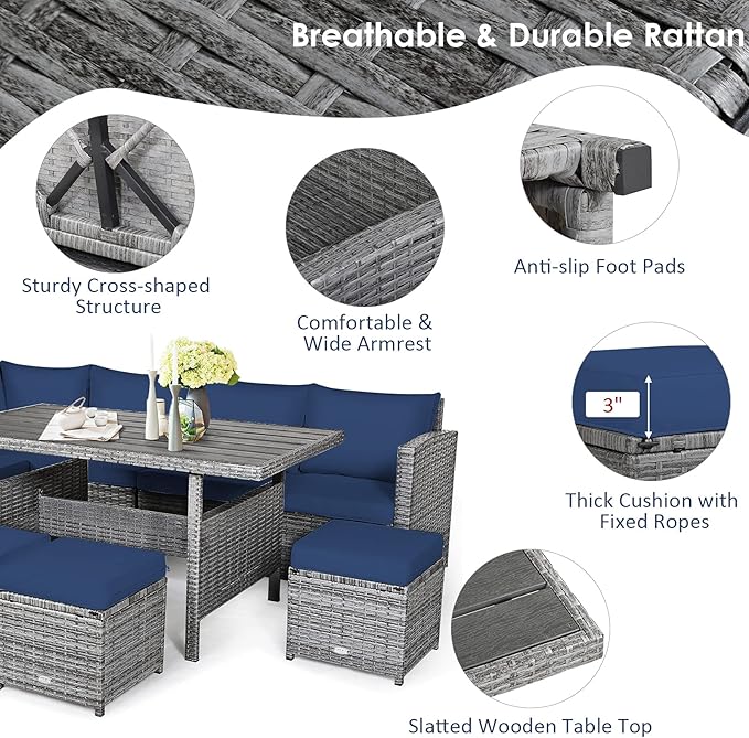 Tangkula 7 Pieces Patio Furniture Set, Outdoor Sectional Rattan Dining Sofa Set with Cushions, All Weather Wicker Conversation Couch Set with Dining Table & Ottomans for Yard Garden Poolside, Navy