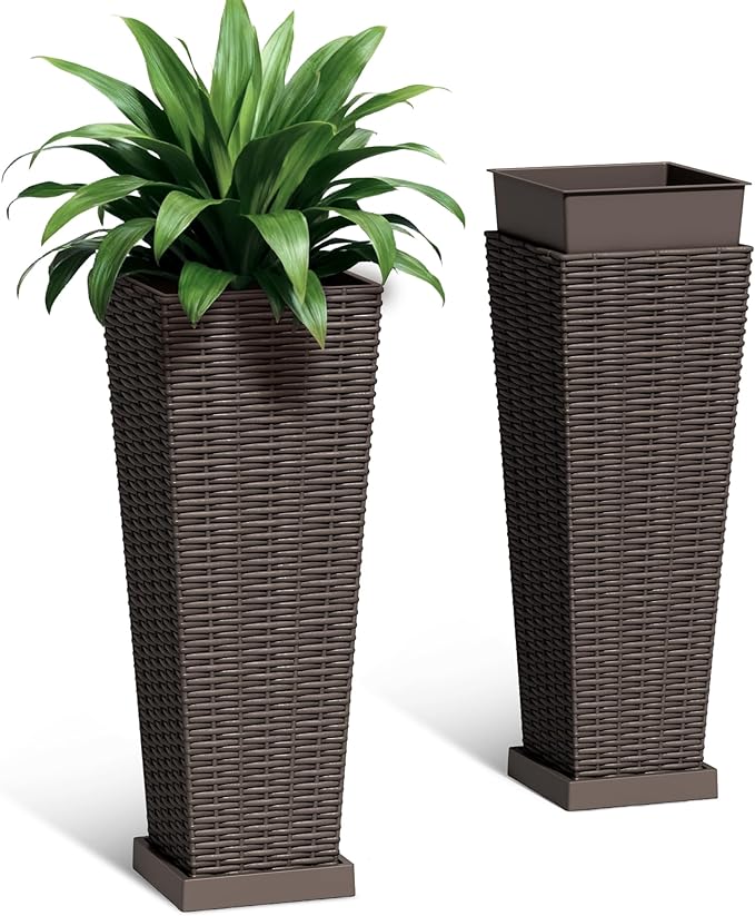 Set of 2 24 Inch Tall Plastic Planters with Drainage Saucers, Rattan Pattern UV Resistant Indoor Outdoor Flower Pots for Patio Garden Balcony Decor, Brown