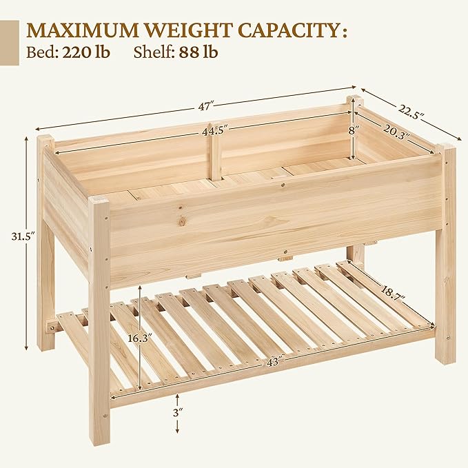 Yaheetech 47x23x32in Wooden Raised Garden Bed with Legs & Storage Shelf Horticulture Wooden Elevated Planter Box Vegetable Growing Bed for Flower/Herb/Backyard/Patio