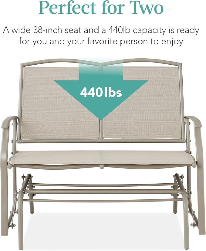 Best Choice Products 2-Person Outdoor Patio Swing Glider Steel Bench Loveseat Rocker for Deck, Porch w/Textilene Fabric, Steel Frame - Taupe