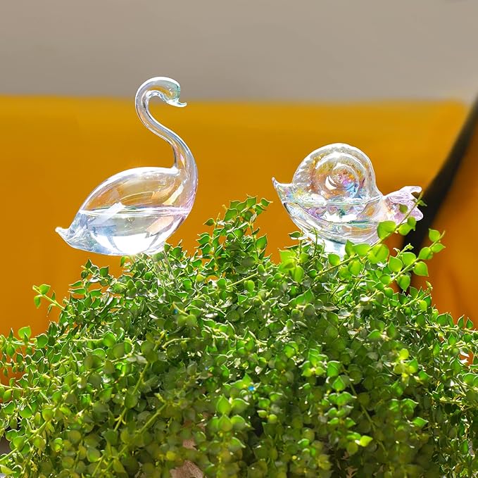 NiHome Glass Plant Self Watering Bulbs 3-Pack Iridescent Pearl Home Potted Planter Watering Bulbs Insert Decorative Devices Vacation Automatic Watering Spikes Indoor and Outdoor (Swan, Snail & Bird)