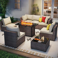 Outdoor Patio Furniture Set with 43'' Fire Pit Table, 8 Pcs Outdoor Patio Furniture Conversation Sets with 4in Thicken Cushion, Wicker Outdoor Sectional for Backyard, Garden, Balcony,Deck, Brown/Beige