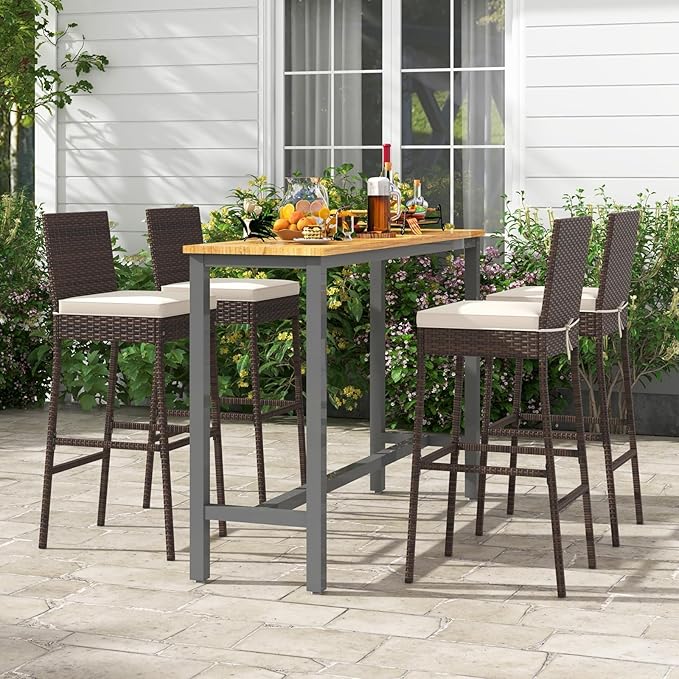 HAPPYGRILL Wicker Patio Barstools Set of 2, Outdoor Rattan Bar Chairs with Footrest & Backrest, Armless High Top Chairs with Seat Cushions for Backyard, Balcony