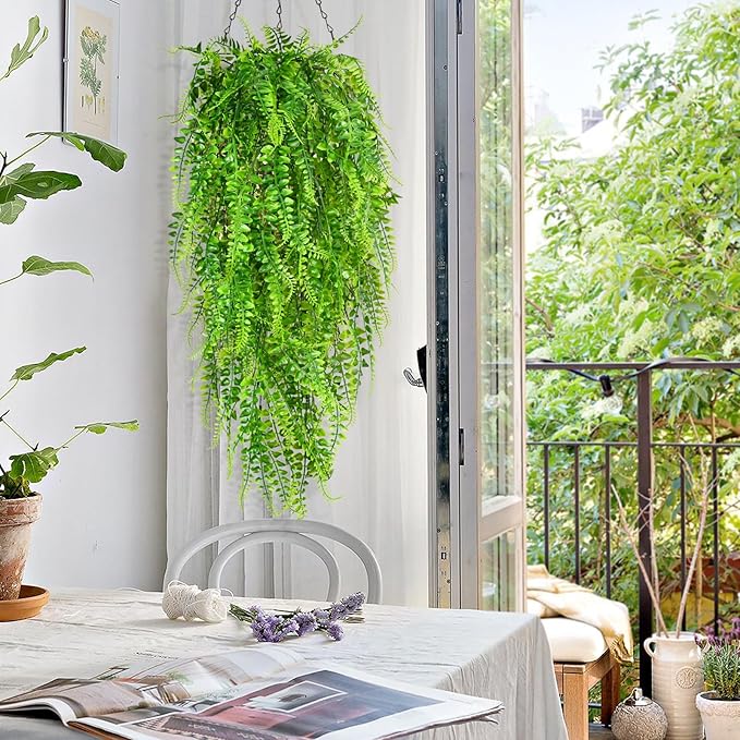 Waipfaru 4Pcs Fake Ferns Fake Hanging Plants Artificial Ferns for Outdoors，UV Resistant Plastic Fake Plants for Indoor Wall Porch Wedding Party Holiday Decor