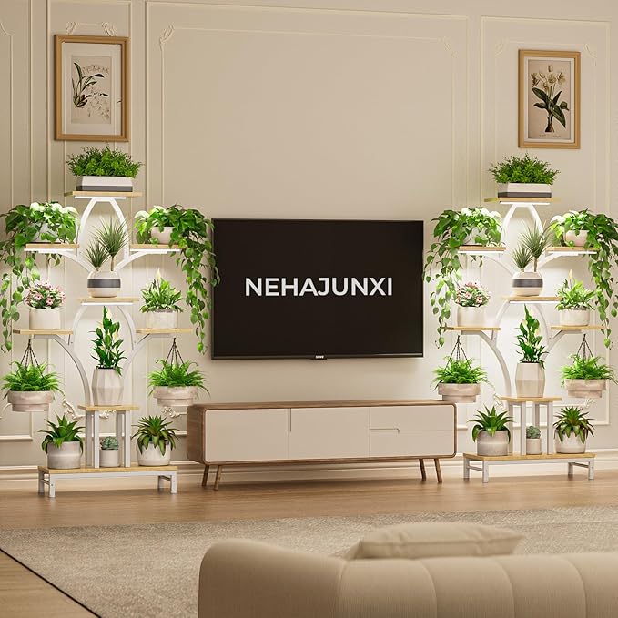 Plant Stand Indoor with 4 Grow Lights - 63" Tall Plant Shelf- 8 Tiered Corner Plant Flower Stands Display Shelves for Home, Patio (White)