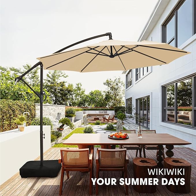 wikiwiki 10ft Patio Umbrella with Base Included, Outdoor Offset Cantilever Umbrella with Sandbag Base for Backyard, Garden and Pool, Easy to Tilt and Crank, Beige